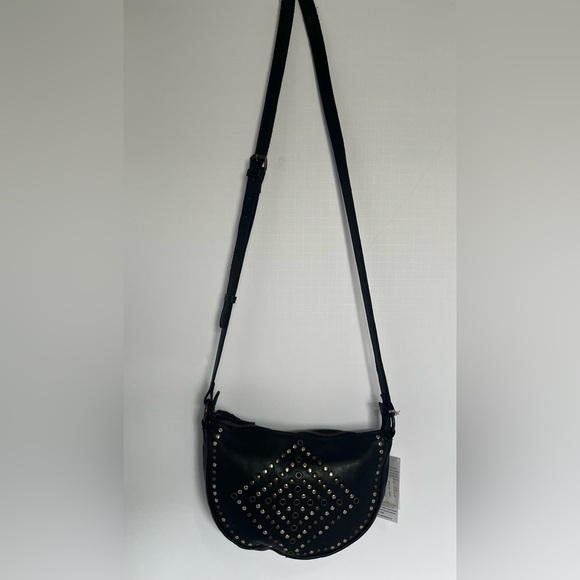 Ashwood Genuine Leather Studded Black Crossbody Bag Boho Saddle Hobo NWT - Picture 2 of 15